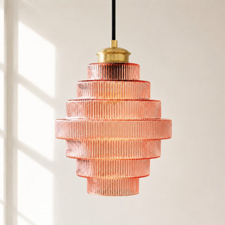 Art Deco Ribbed Glass Pendant Light With Tiered Bottle Design