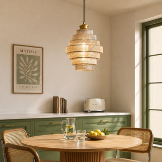 Art Deco Ribbed Glass Pendant Light With Tiered Bottle Design