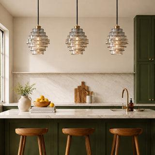 Art Deco Ribbed Glass Pendant Light With Tiered Bottle Design