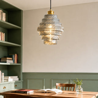 Art Deco Ribbed Glass Pendant Light With Tiered Bottle Design