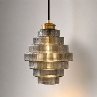 Art Deco Ribbed Glass Pendant Light With Tiered Bottle Design