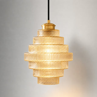 Art Deco Ribbed Glass Pendant Light With Tiered Bottle Design