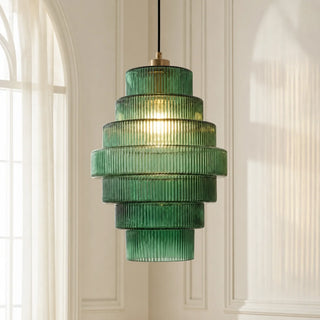 Art Deco Ribbed Glass Pendant Light With Tiered Bottle Design