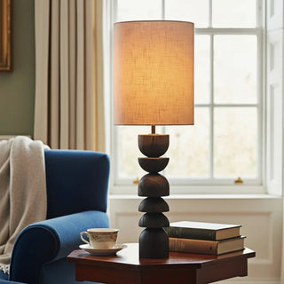Sculptural Charred Wood Table Lamp With Linen Shade