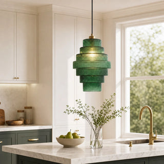 Art Deco Ribbed Glass Pendant Light With Tiered Bottle Design
