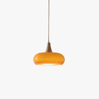 Amber Glass Pendant Light with Wood Accent
