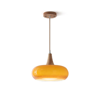 Amber Glass Pendant Light with Wood Accent