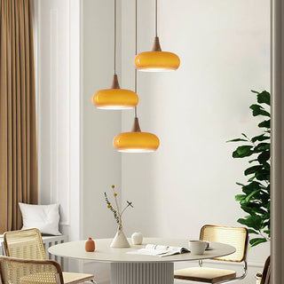 Amber Glass Pendant Light with Wood Accent