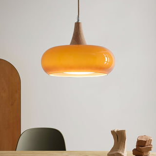 Amber Glass Pendant Light with Wood Accent