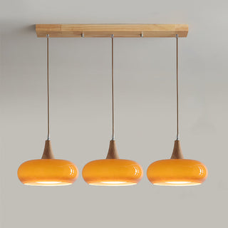 Amber Glass Pendant Light with Wood Accent