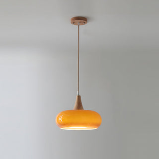 Amber Glass Pendant Light with Wood Accent