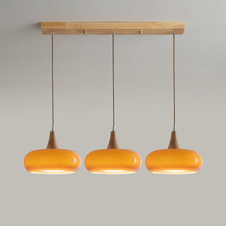 Amber Glass Pendant Light with Wood Accent