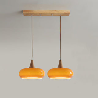 Amber Glass Pendant Light with Wood Accent