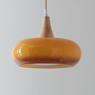 Amber Glass Pendant Light with Wood Accent