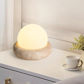 Travertine Globe Table Lamp With Rechargeable LED And Stone Base