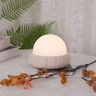 Travertine Globe Table Lamp With Rechargeable LED And Stone Base