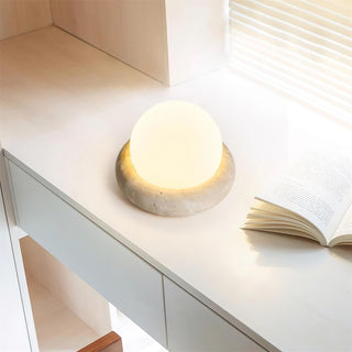 Travertine Globe Table Lamp With Rechargeable LED And Stone Base