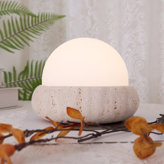 Travertine Globe Table Lamp With Rechargeable LED And Stone Base