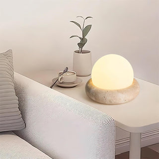 Travertine Globe Table Lamp With Rechargeable LED And Stone Base