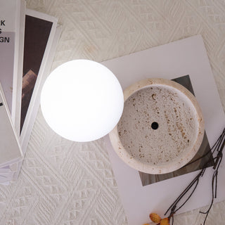 Travertine Globe Table Lamp With Rechargeable LED And Stone Base