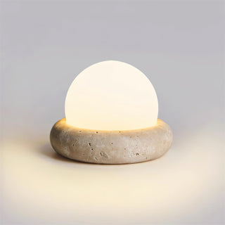 Travertine Globe Table Lamp With Rechargeable LED And Stone Base