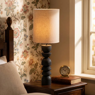 Sculptural Charred Wood Table Lamp With Linen Shade
