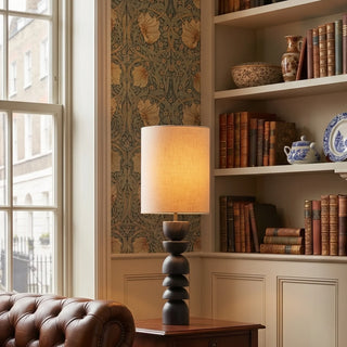 Sculptural Charred Wood Table Lamp With Linen Shade