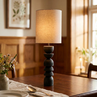 Sculptural Charred Wood Table Lamp With Linen Shade