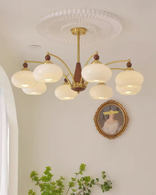Retro Glass Globe Chandelier With Brass And Wood Details