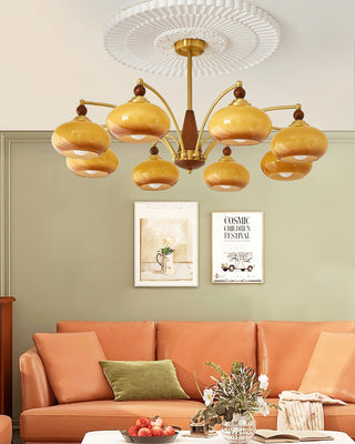 Retro Glass Globe Chandelier With Brass And Wood Details