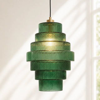 Art Deco Ribbed Glass Pendant Light With Tiered Bottle Design