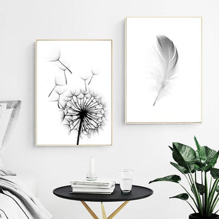 Minimalist Feather & Dandelion Canvas Wall Art – Black & White Design
