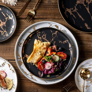 Luxury Gold Edged Marble Dinner Plate – Elegant Black & White Design