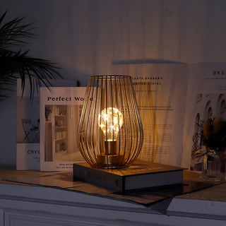 Portable Metal Cage Table Lamp With Warm LED Light