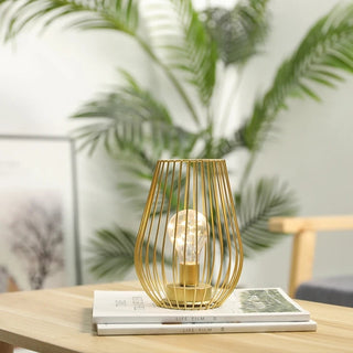 Portable Metal Cage Table Lamp With Warm LED Light